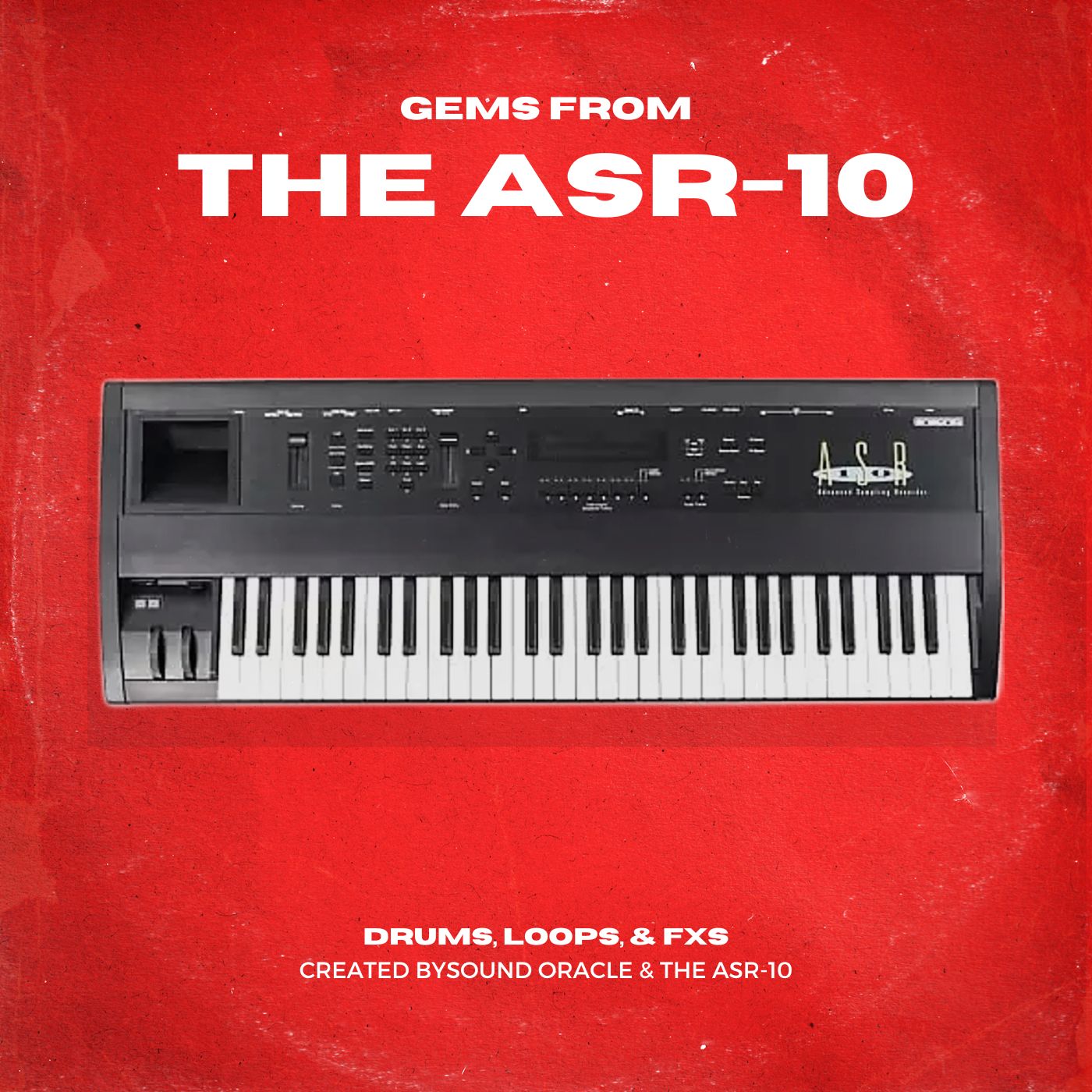Vintage red album cover with a black ASR-10 sampling  keyboard on it. The words on the image say Gems from the ASR-10 sample pack