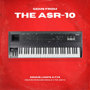 Vintage red album cover with a black ASR-10 sampling  keyboard on it. The words on the image say Gems from the ASR-10 sample pack